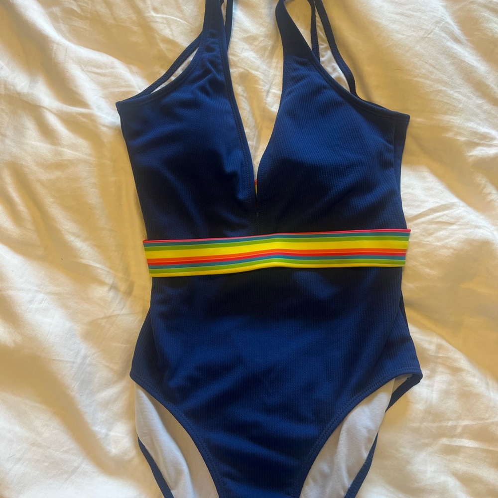 The Kelly Cahill Collection Navy One-Piece Swimsuit with Rainbow Waistband